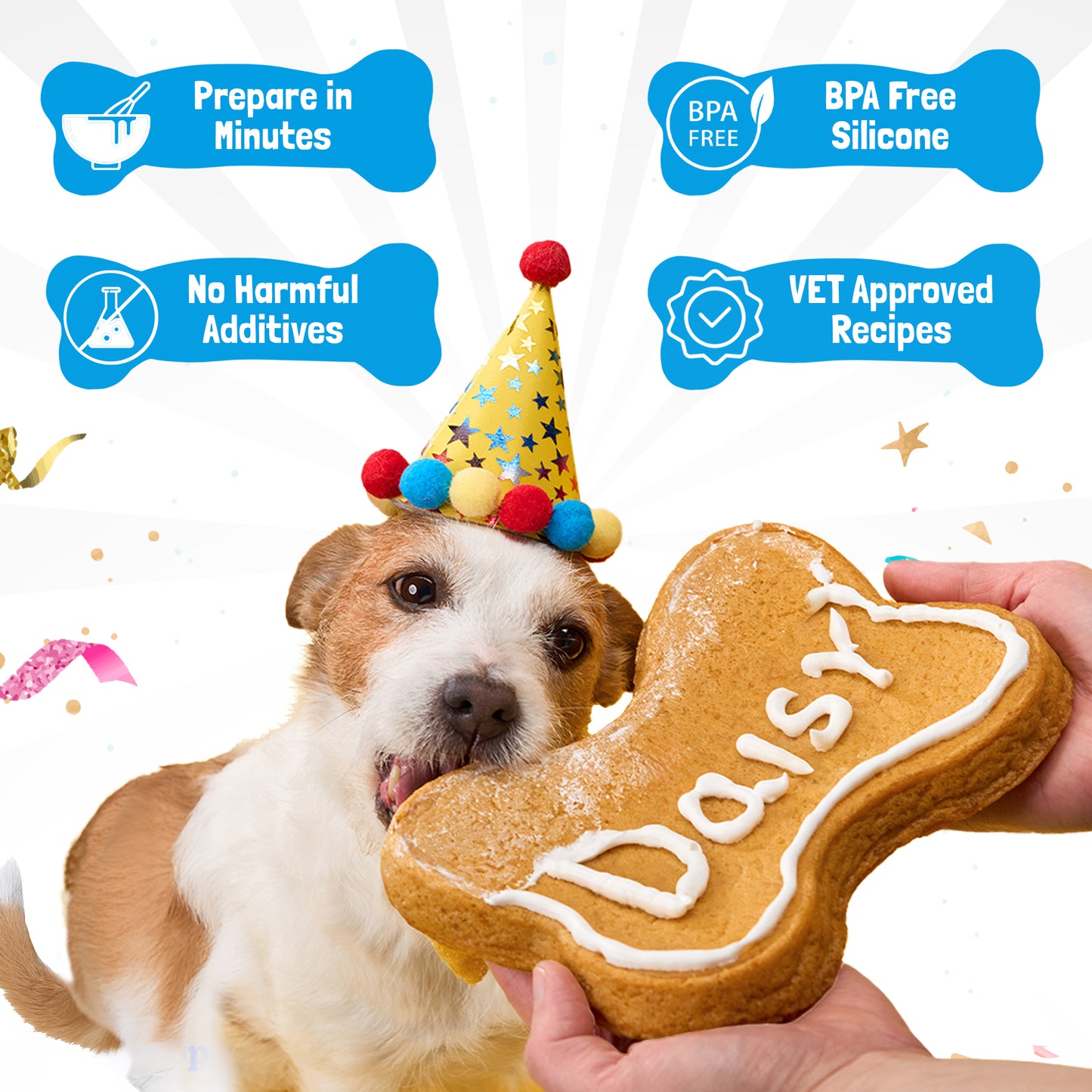 BoneItUp Dog Birthday Cake Kit - Bake Birthday Cakes for Dogs - Dog Party Supplies Set with - Large Cake Mold, 3 Vet-Backed Cake Recipes, 2 Drawing Pens, 10 Balloons, Birthday Hat & Bow